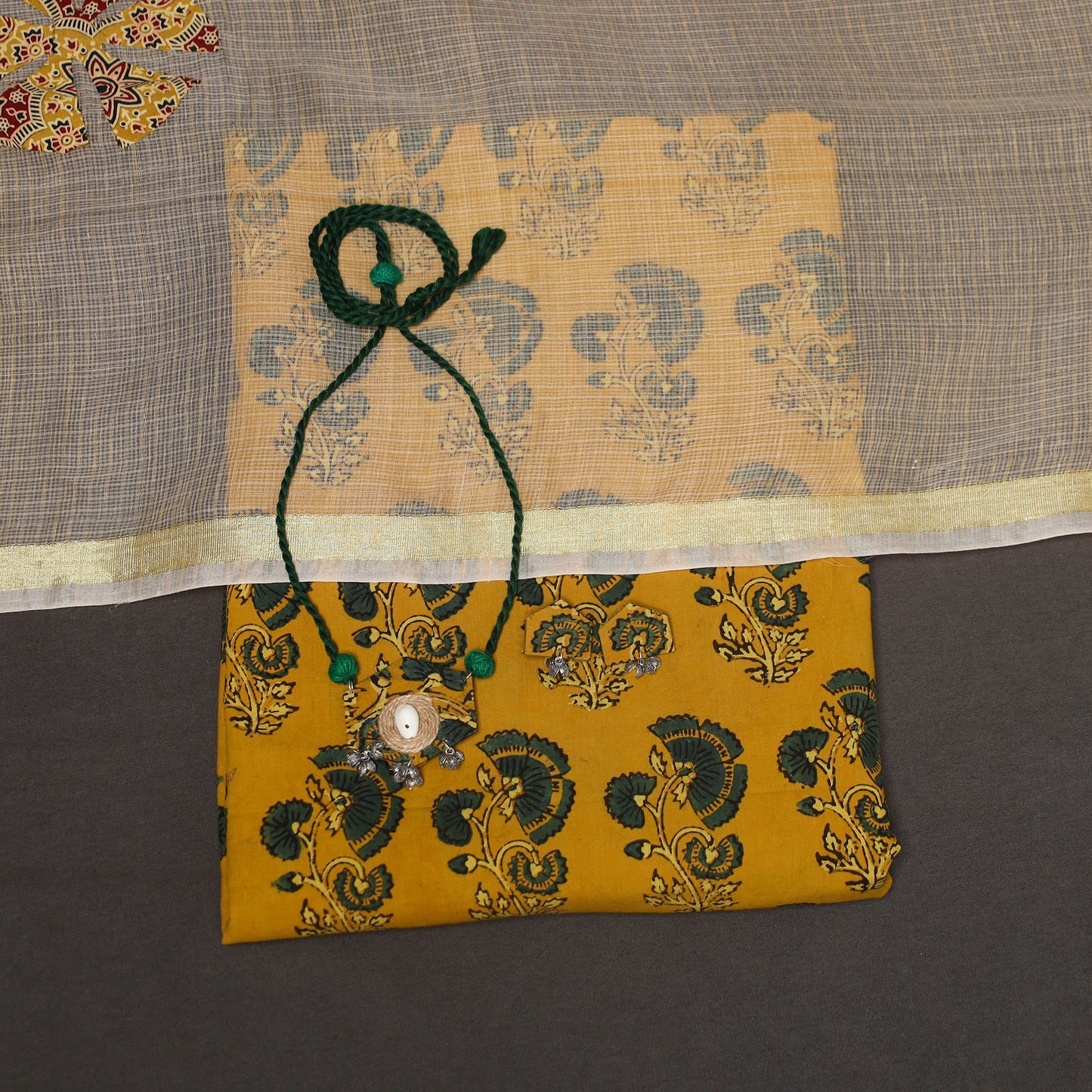 Yellow - 2pc unstitched dress material with jewellery set