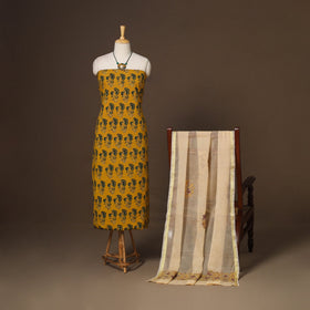 Yellow - 2pc unstitched dress material with jewellery set