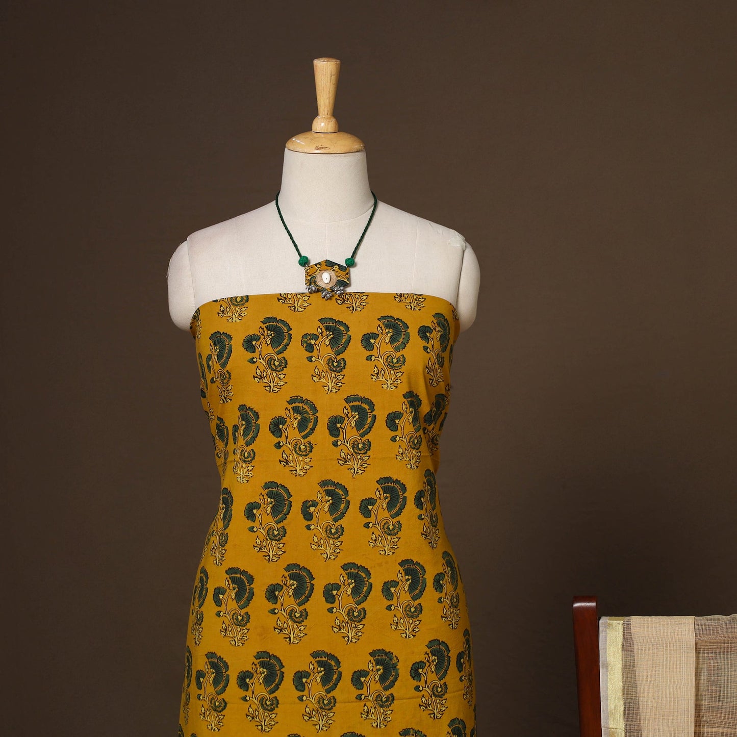 Yellow - 2pc unstitched dress material with jewellery set