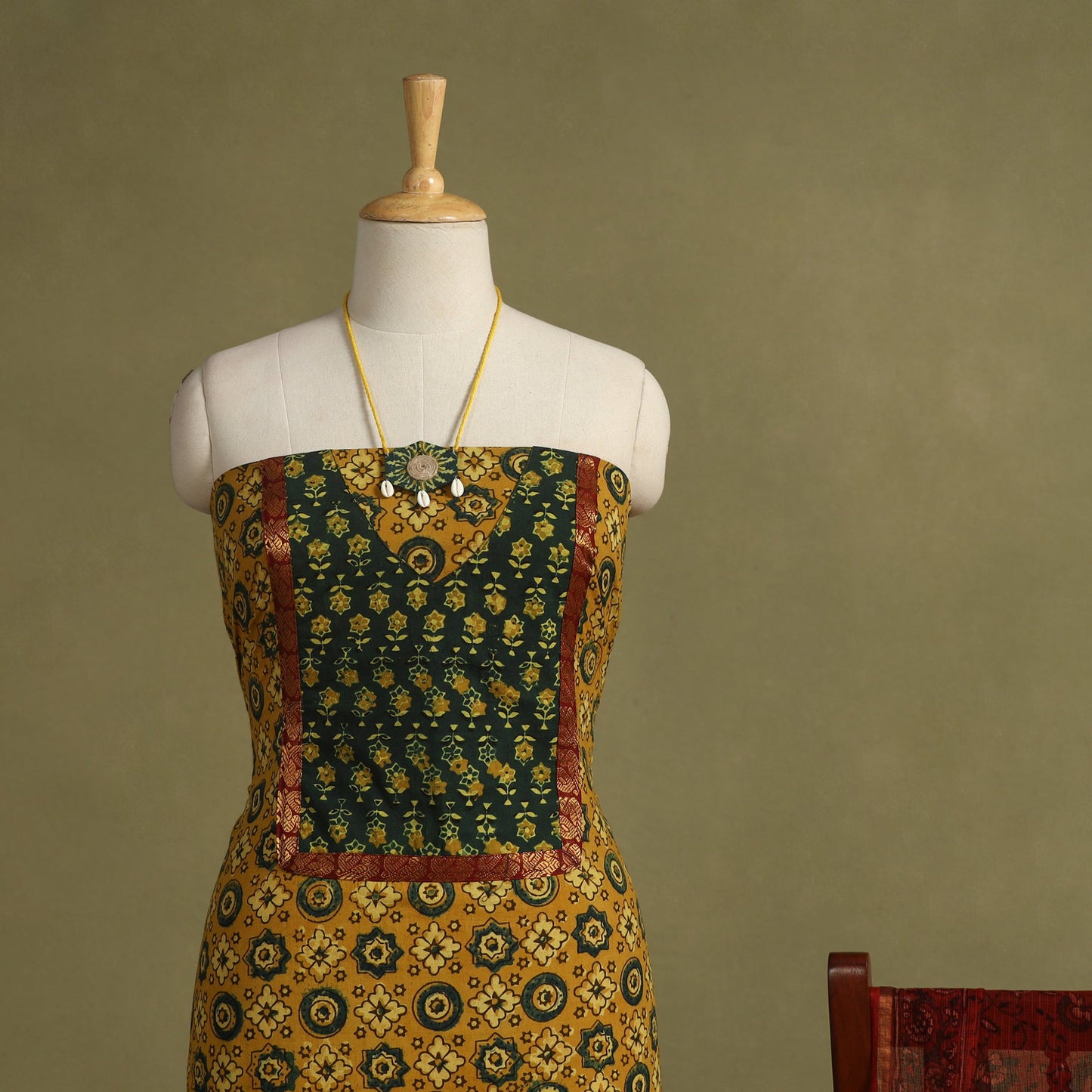 Yellow - 2pc unstitched dress material with jewellery set