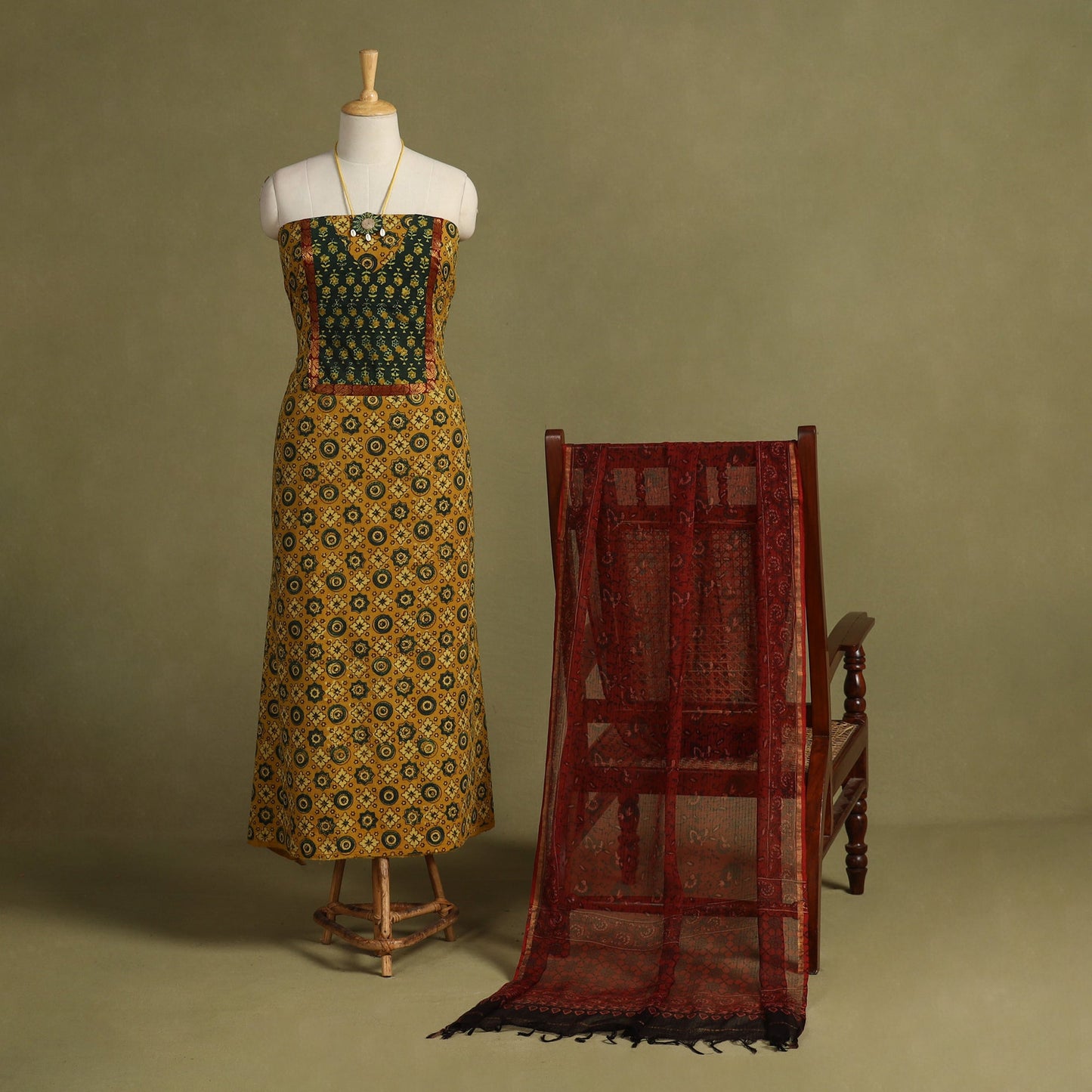 Yellow - 2pc unstitched dress material with jewellery set