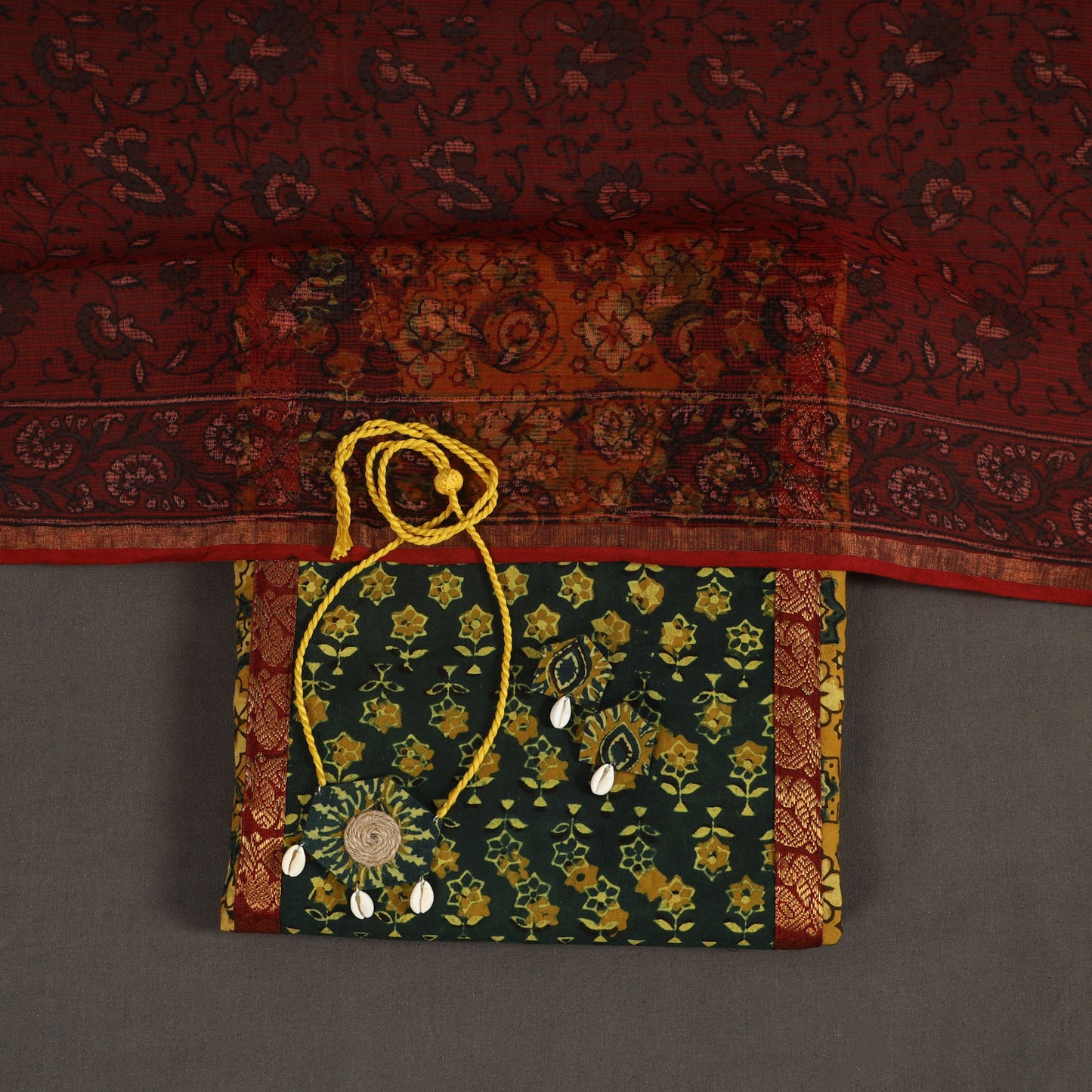 Yellow - 2pc unstitched dress material with jewellery set