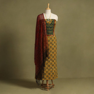 Yellow - 2pc unstitched dress material with jewellery set