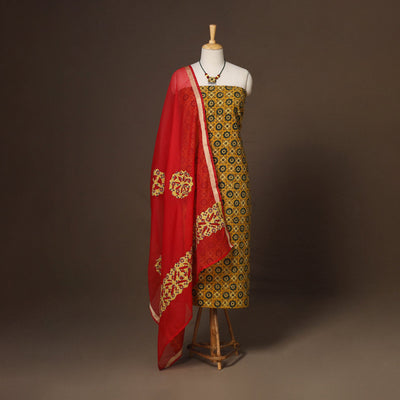 Yellow - 2pc unstitched dress material with jewellery set