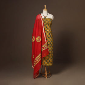 Yellow - 2pc unstitched dress material with jewellery set