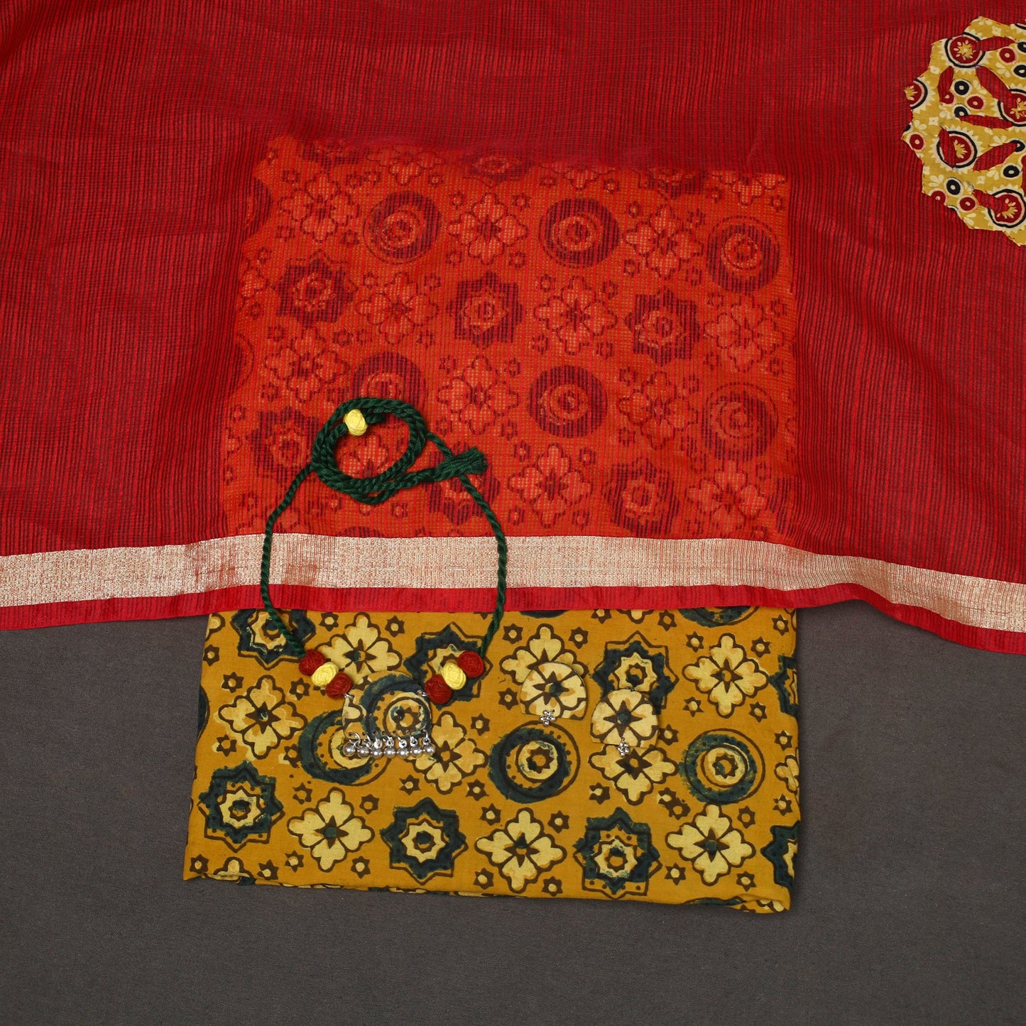 Yellow - 2pc unstitched dress material with jewellery set