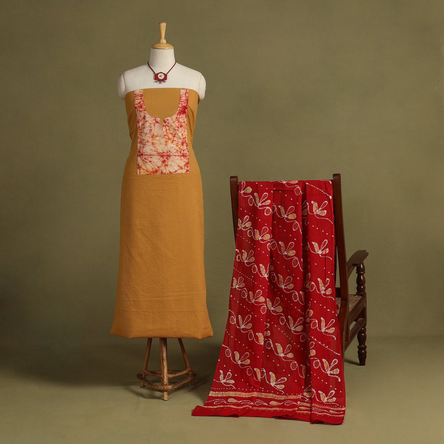 Yellow 2pc Unstitched Plain Dress Material with Jewellery Set