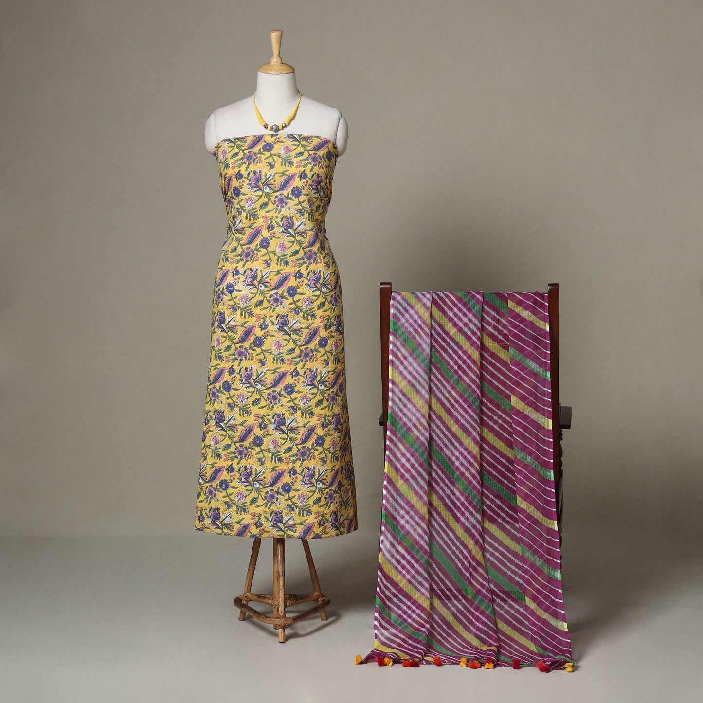 Yellow - 2pc unstitched sanganeri dress material