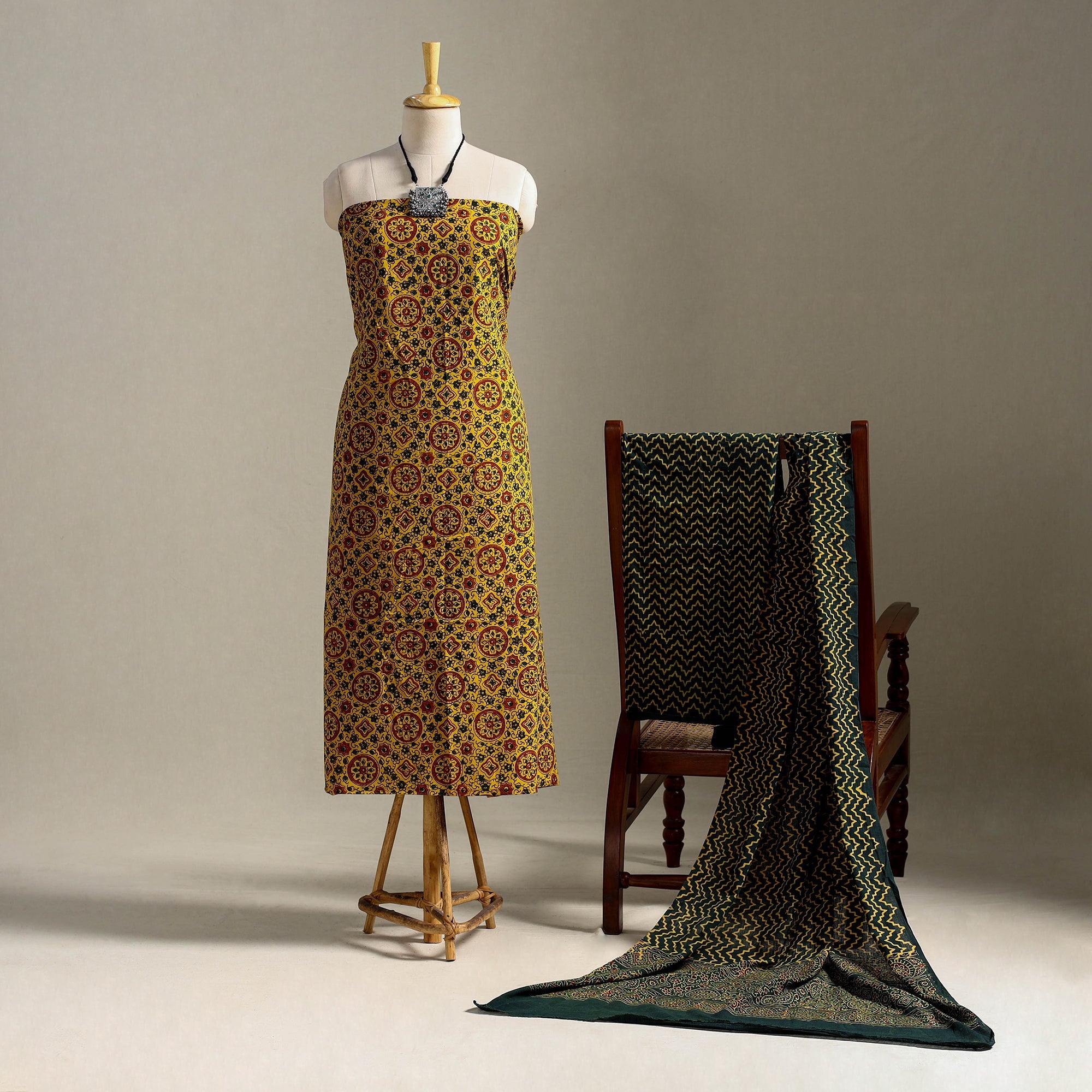 Yellow 3pc Block Print Cotton Ajrakh Unstitched Dress Material Suit Sets Yellow 3pc Block Print Cotton Ajrakh Unstitched Dress Material Suit Sets