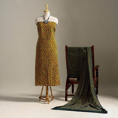 Yellow 3pc Block Print Cotton Ajrakh Dress Material