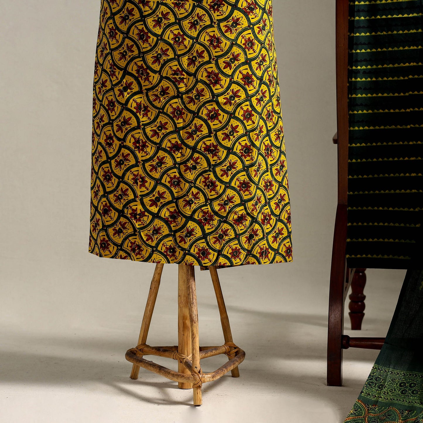 Yellow 3pc Block Print Natural Dyed Ajrakh Dress Material