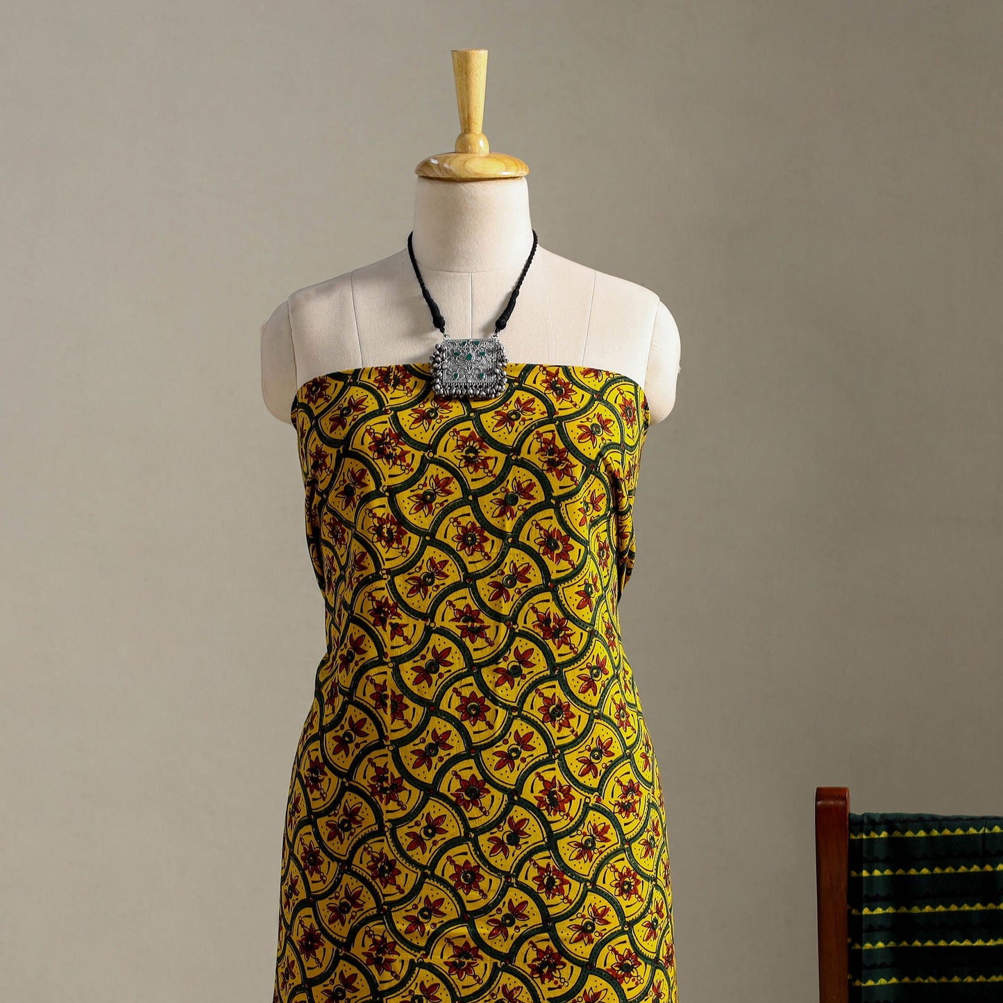 Yellow 3pc Block Print Natural Dyed Ajrakh Dress Material