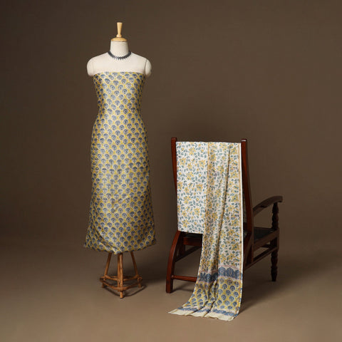 3pc chanderi silk unstitched hand sanganeri dress material