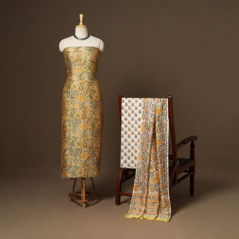 3pc chanderi silk unstitched hand sanganeri dress material