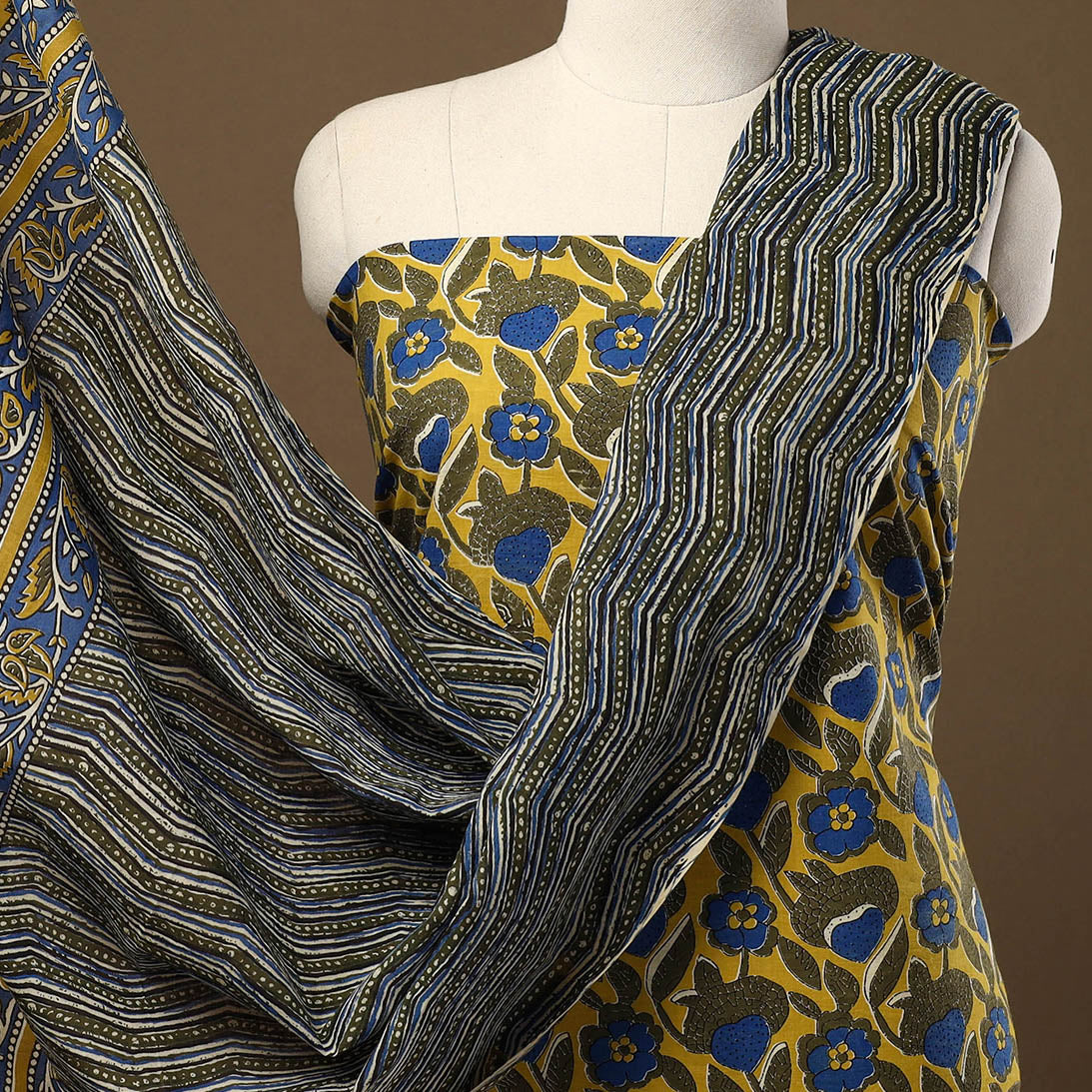 Buy Yellow 3pc Block Print Cotton Bagru Dress Material