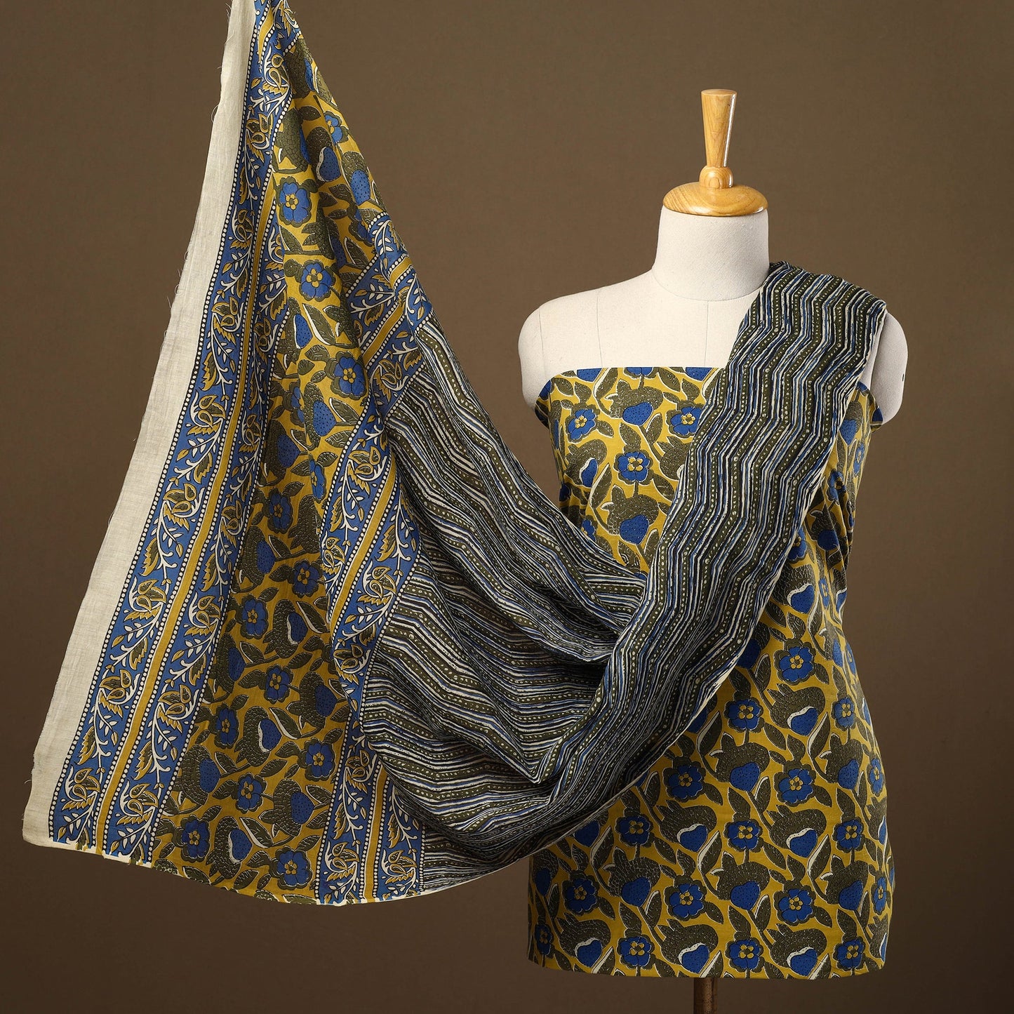 Buy Yellow 3pc Block Print Cotton Bagru Dress Material