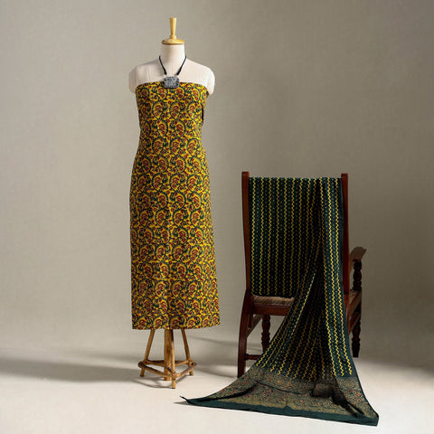 Yellow 3pc Block Print Cotton Ajrakh Dress Material