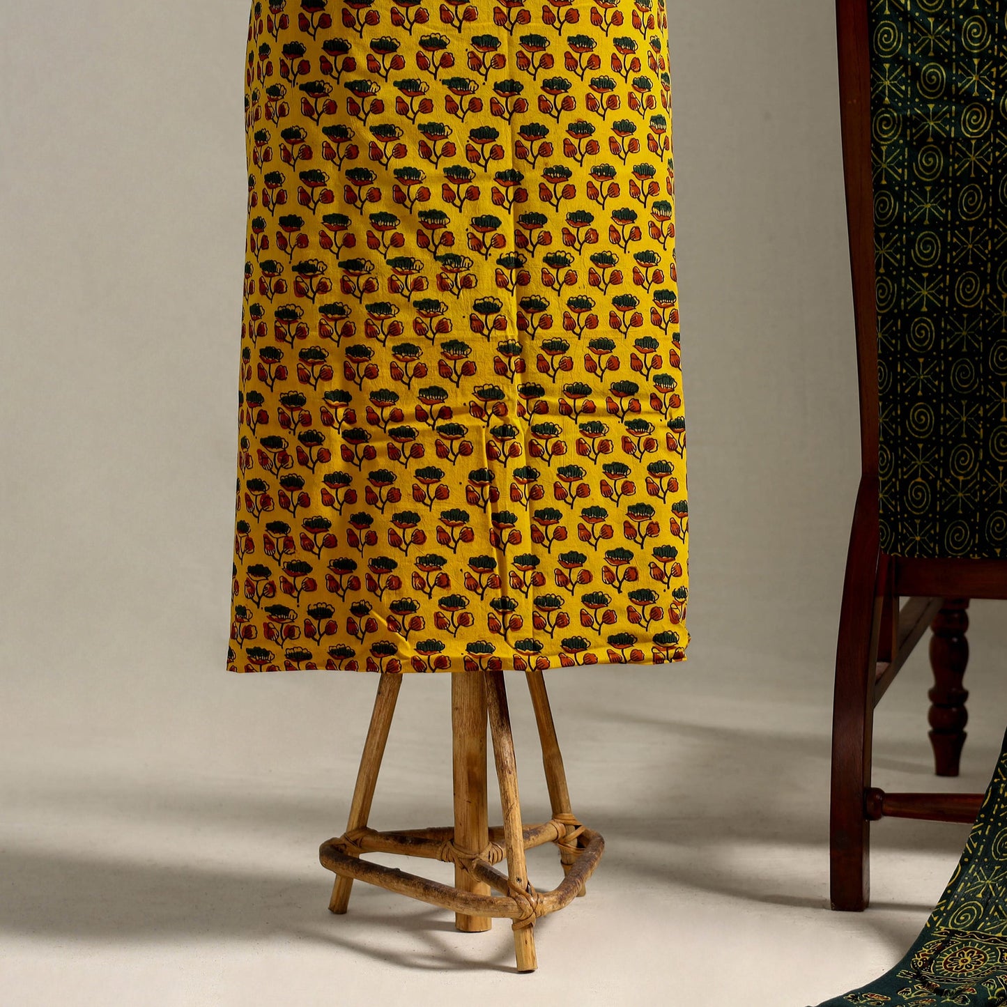 Yellow 3pc Block Print Cotton Ajrakh Dress Material