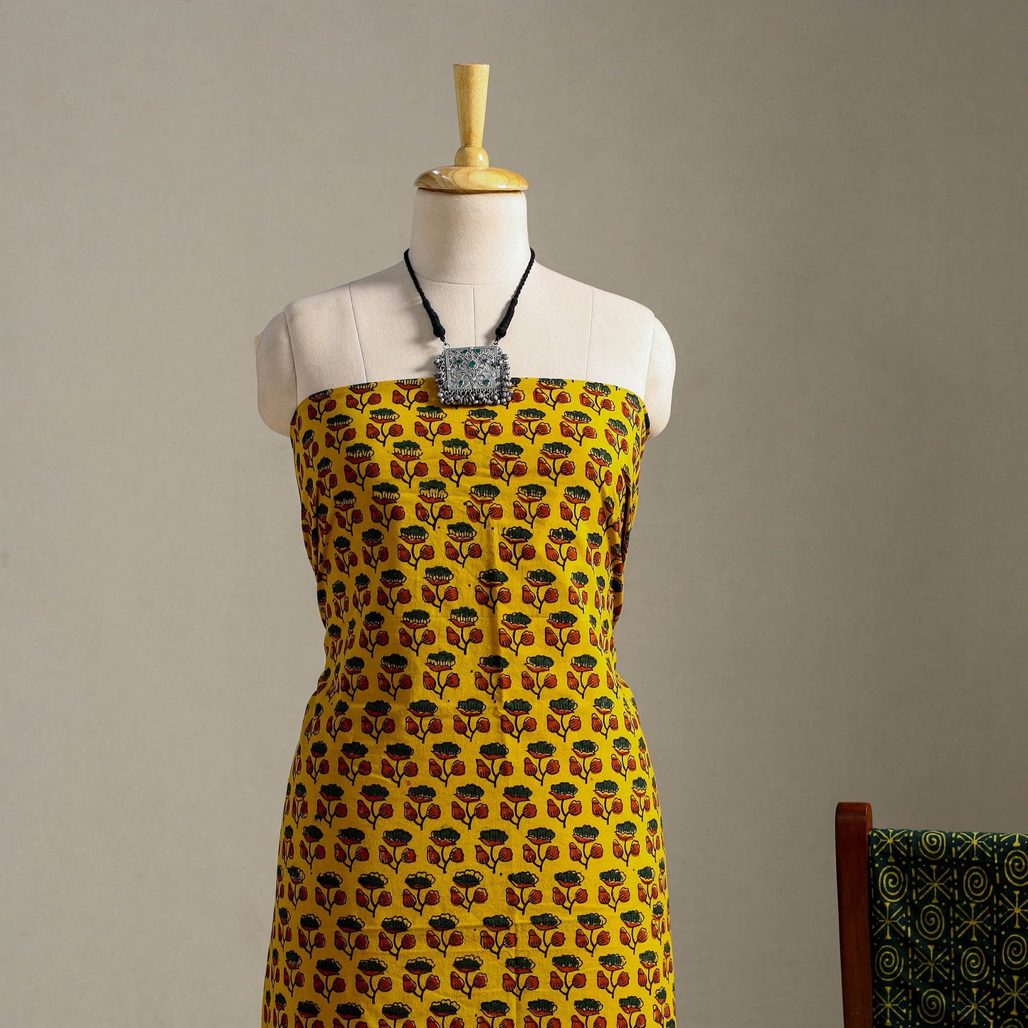 Yellow 3pc Block Print Cotton Ajrakh Dress Material