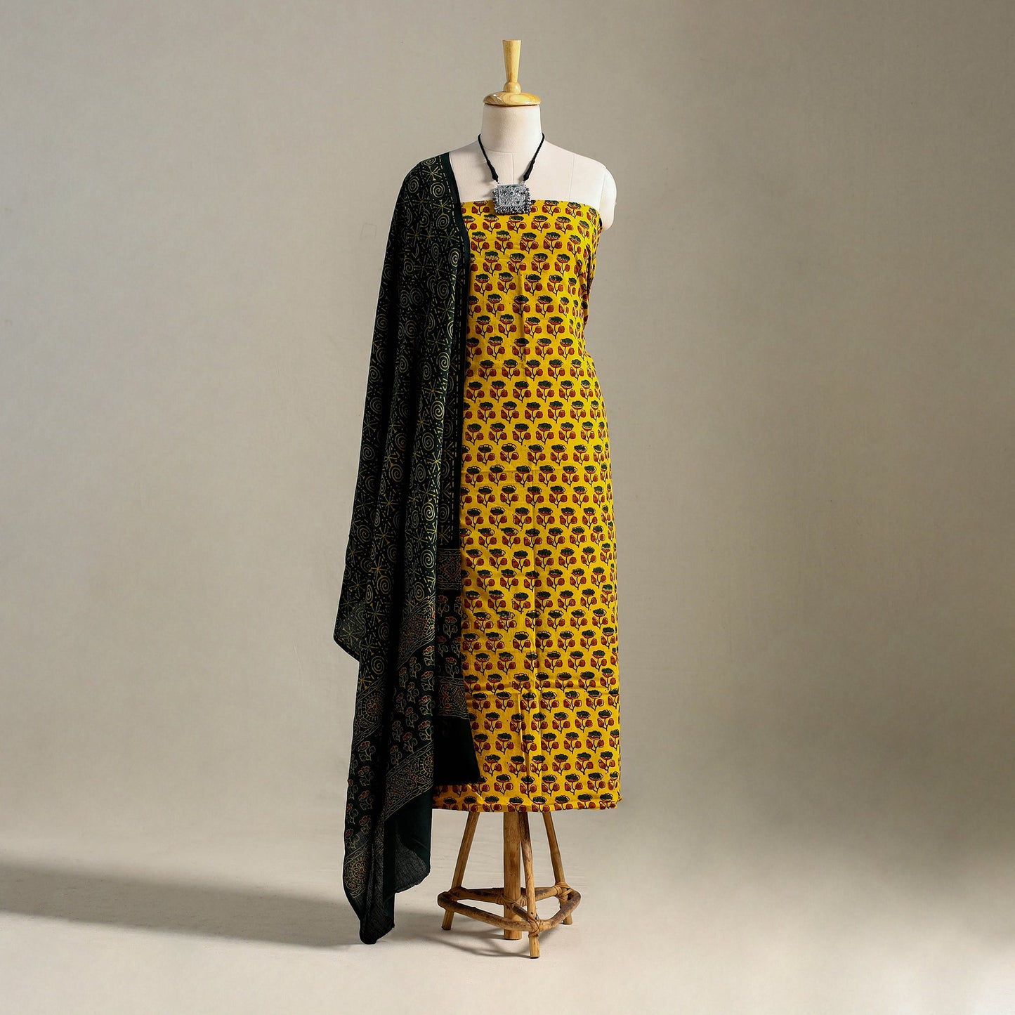 Yellow 3pc Block Print Cotton Ajrakh Dress Material