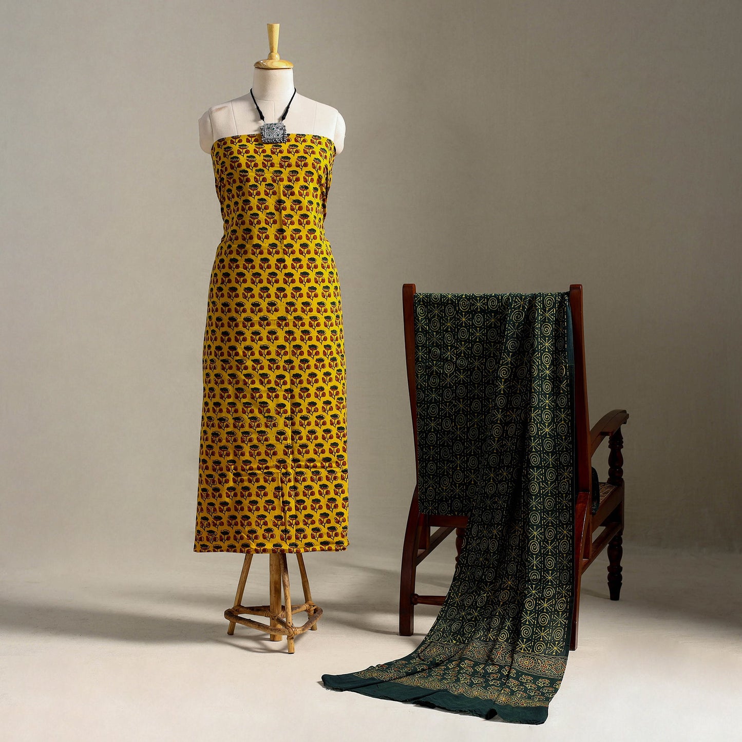 Yellow 3pc Block Print Cotton Ajrakh Dress Material