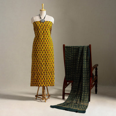 Yellow 3pc Block Print Cotton Ajrakh Dress Material