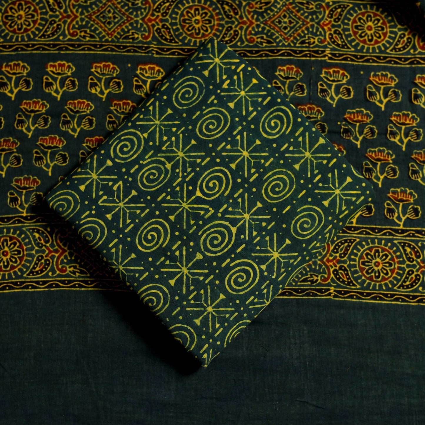 Yellow 3pc Block Print Cotton Ajrakh Dress Material