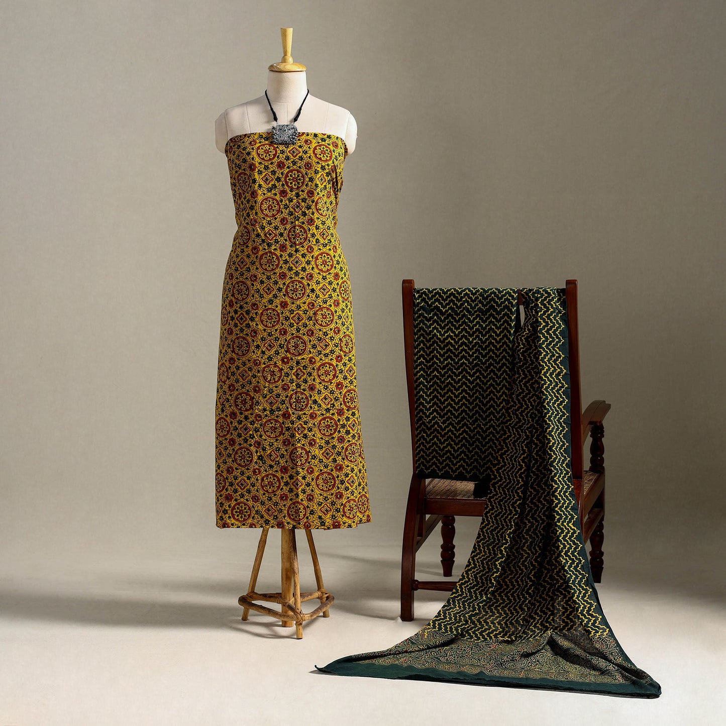 Yellow 3pc Block Print Cotton Ajrakh Dress Material