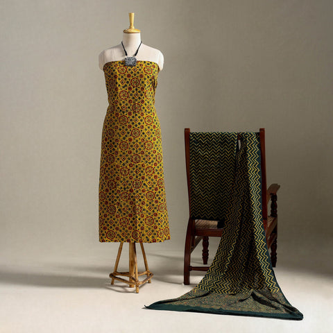 Yellow 3pc Block Print Cotton Ajrakh Dress Material