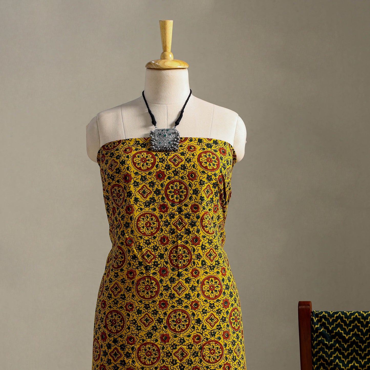 Yellow 3pc Block Print Cotton Ajrakh Dress Material