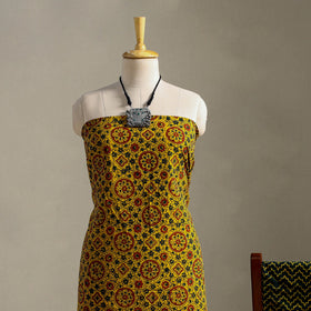 Yellow 3pc Block Print Cotton Ajrakh Dress Material
