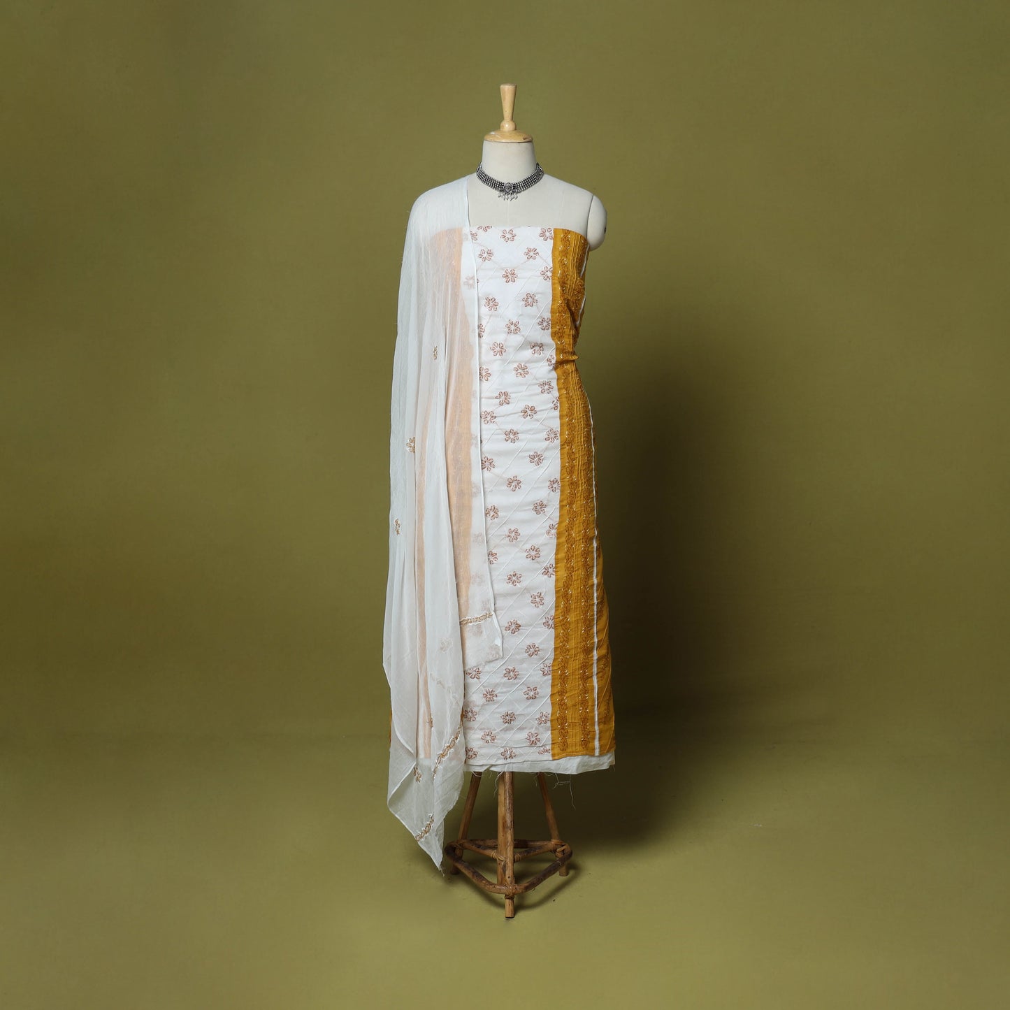 Yellow - 3pc hand embroidery cotton lucknow chikankari