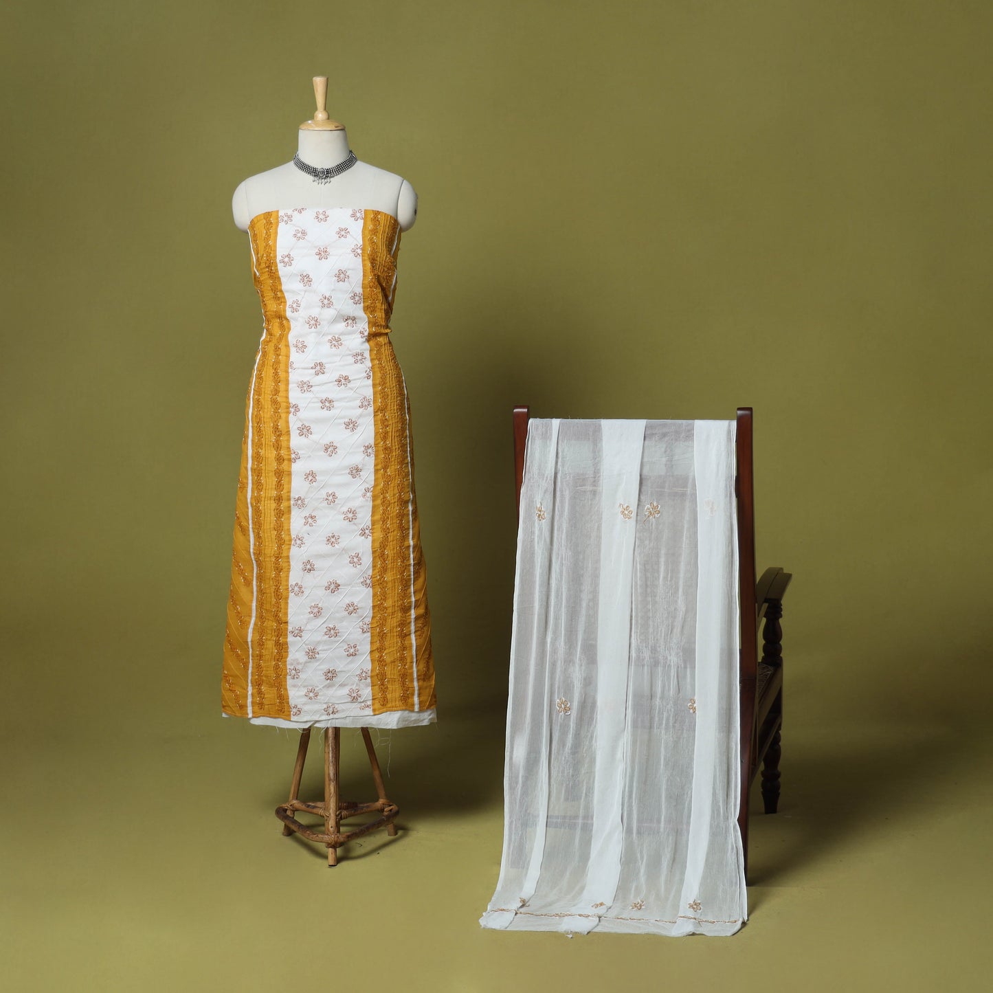 Yellow - 3pc hand embroidery cotton lucknow chikankari