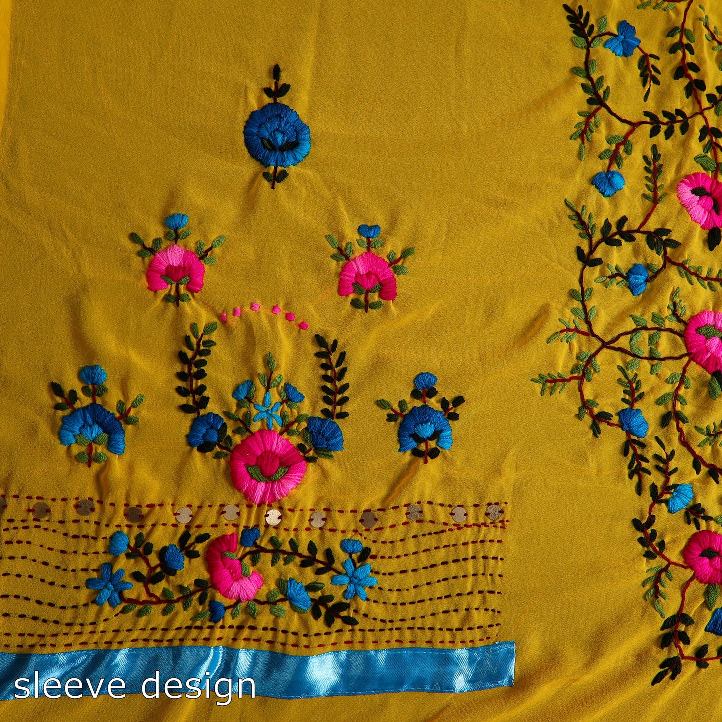 Yellow - 3pc hand embroidery georgette phulkari unstitched