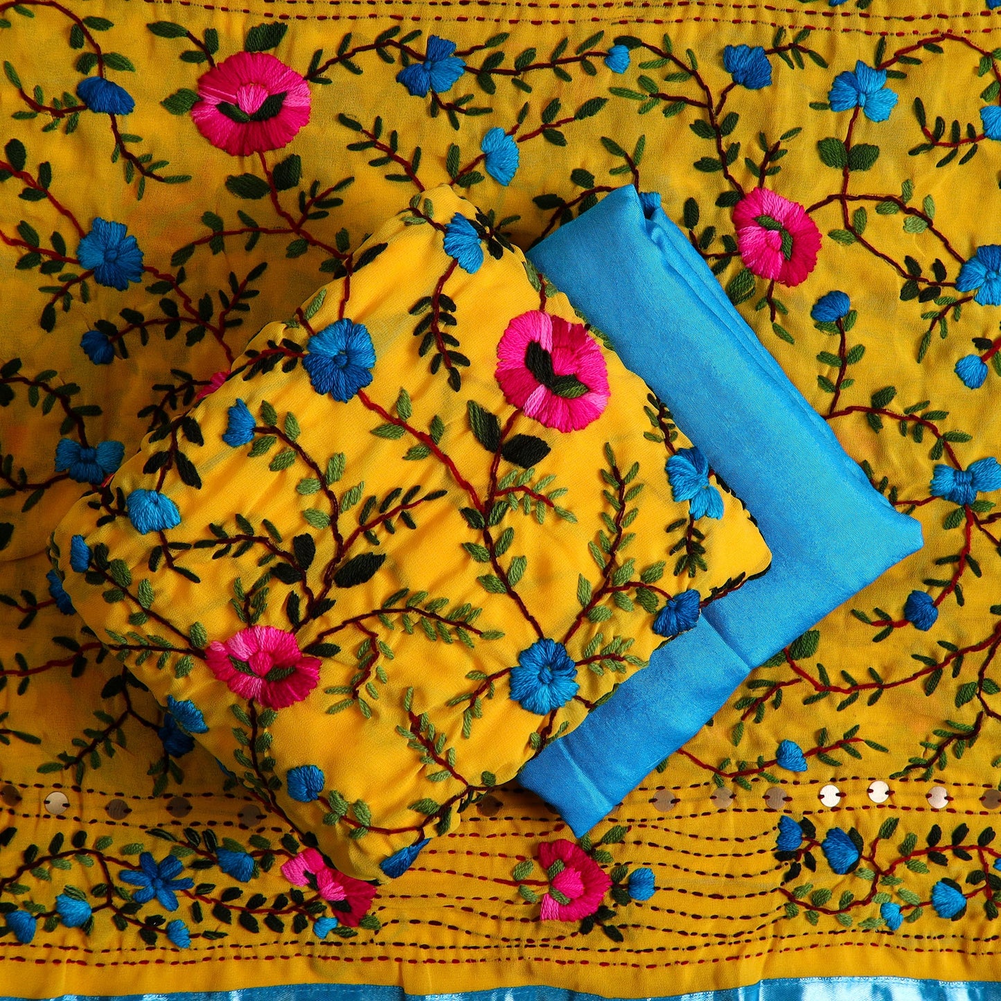 Yellow - 3pc hand embroidery georgette phulkari unstitched