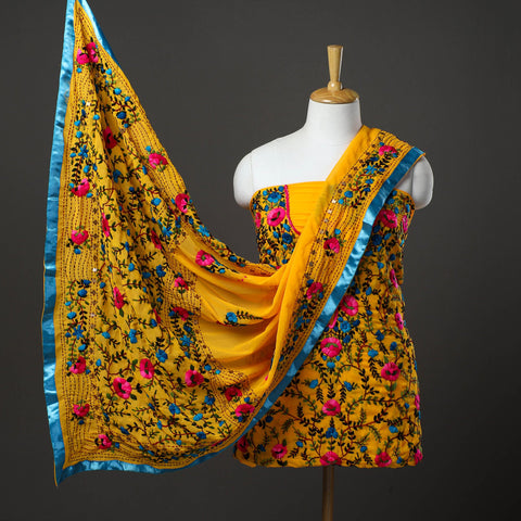 Yellow - 3pc hand embroidery georgette phulkari unstitched
