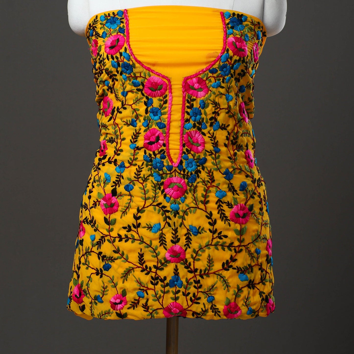 Yellow - 3pc hand embroidery georgette phulkari unstitched