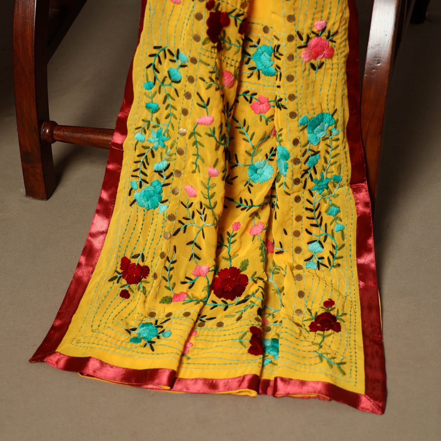 Yellow - 3pc hand embroidery georgette unstitched phulkari