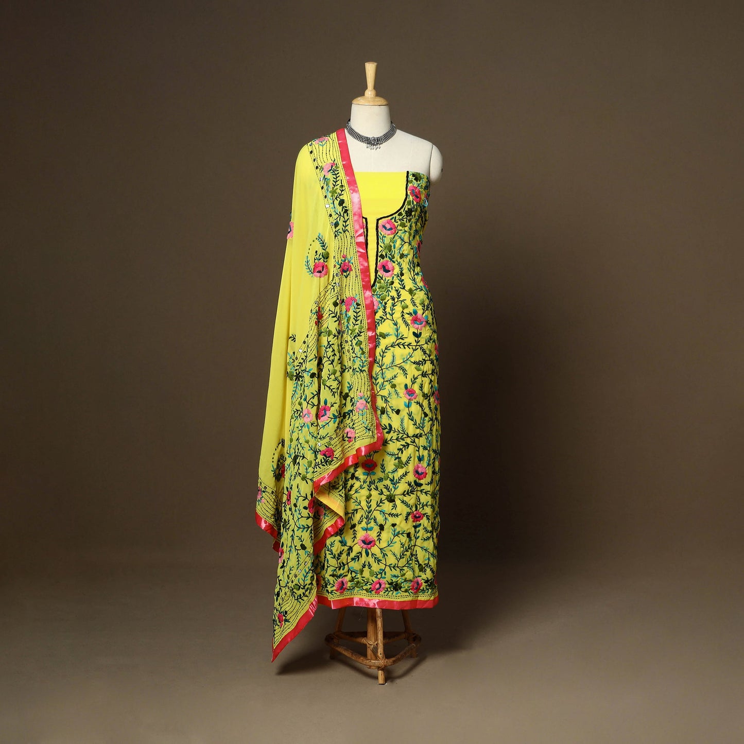 Yellow - 3pc hand embroidery georgette unstitched phulkari