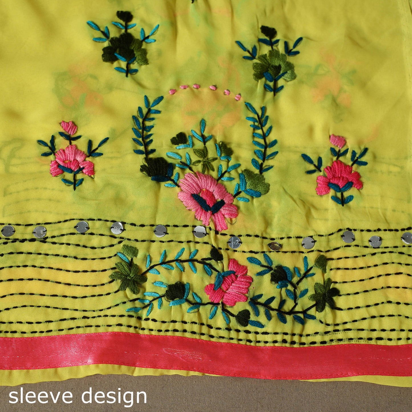 Yellow - 3pc hand embroidery georgette unstitched phulkari