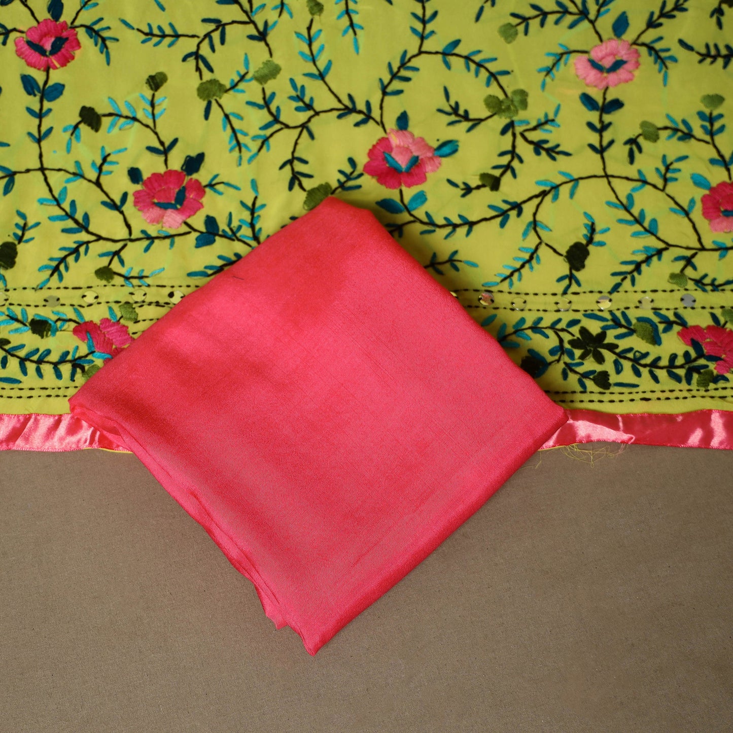 Yellow - 3pc hand embroidery georgette unstitched phulkari