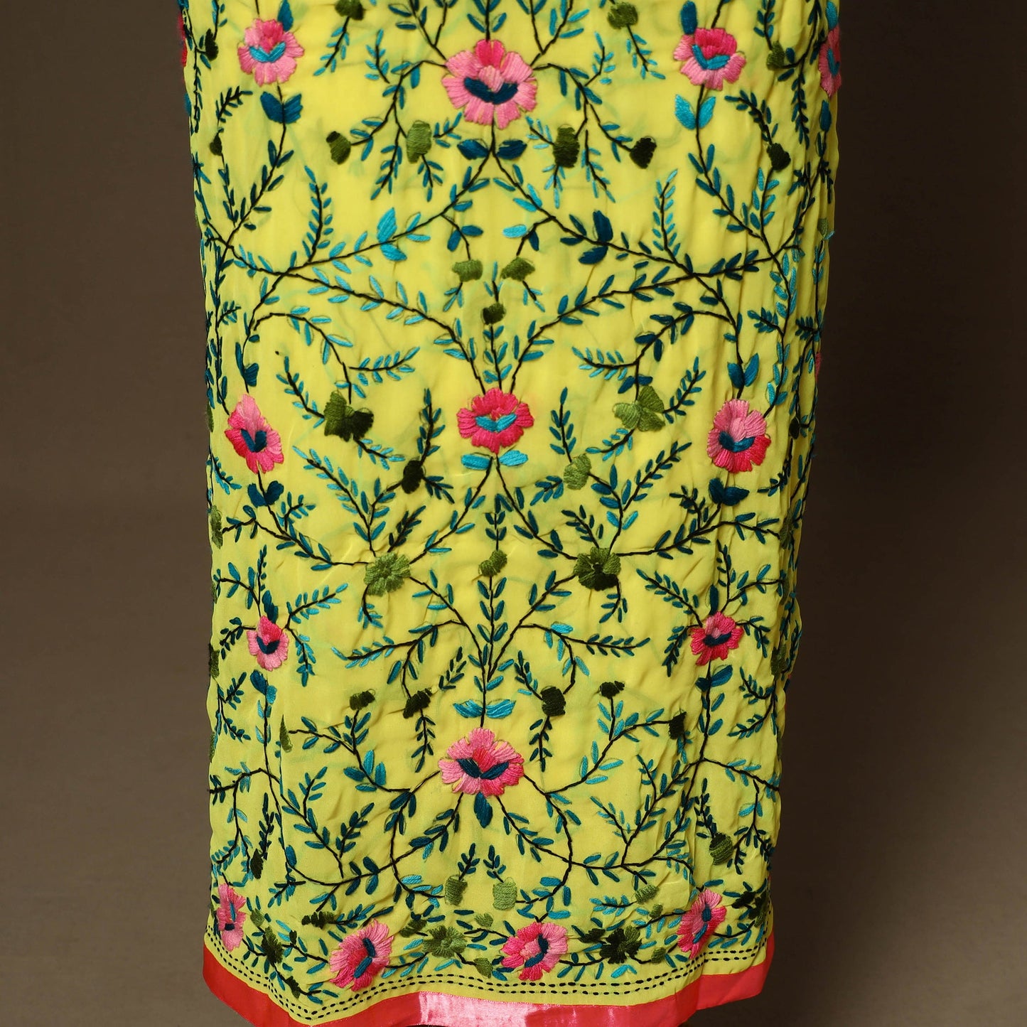 Yellow - 3pc hand embroidery georgette unstitched phulkari