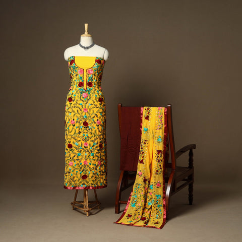 Yellow - 3pc hand embroidery georgette unstitched phulkari