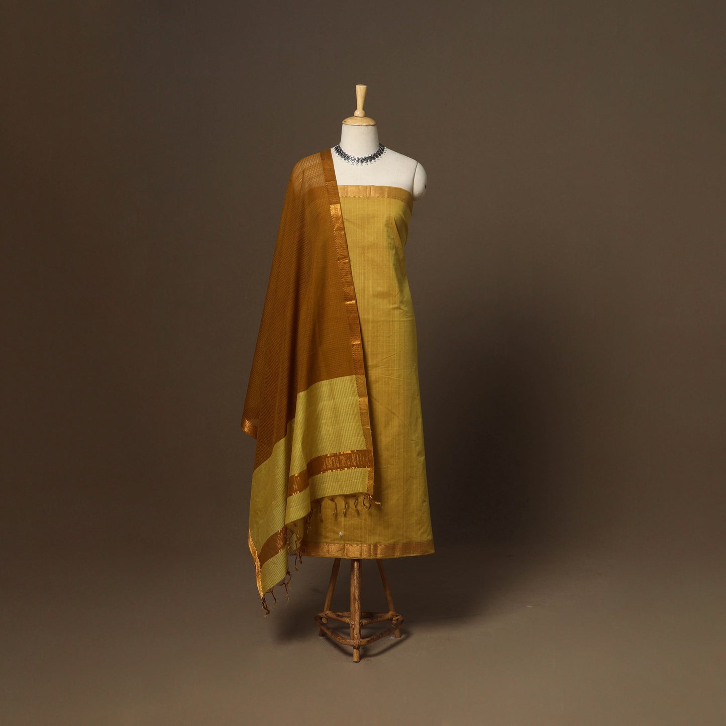 Yellow - 3pc handloom cotton unstitched mangalagiri dress