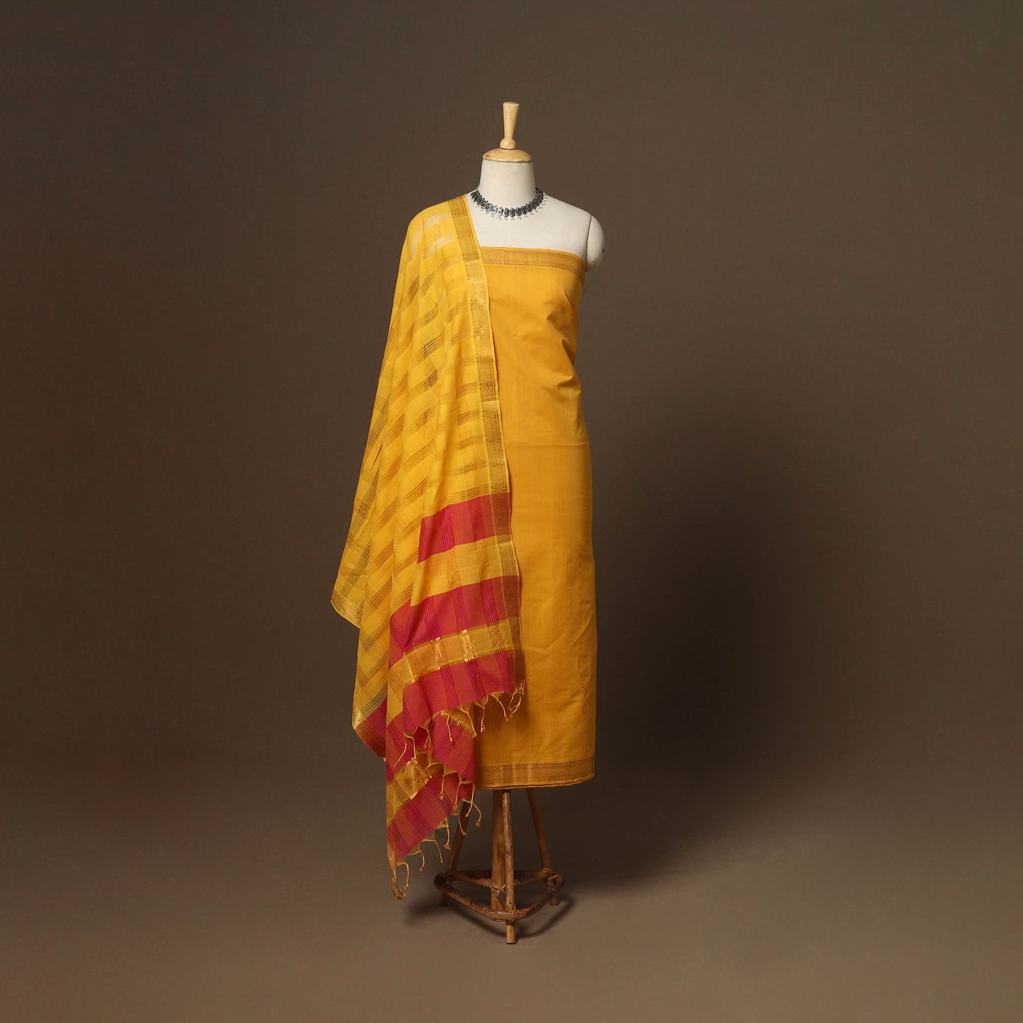 Yellow - 3pc handloom cotton unstitched mangalagiri dress