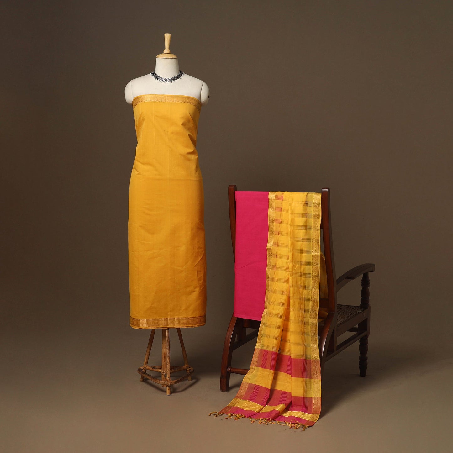 Yellow - 3pc handloom cotton unstitched mangalagiri dress