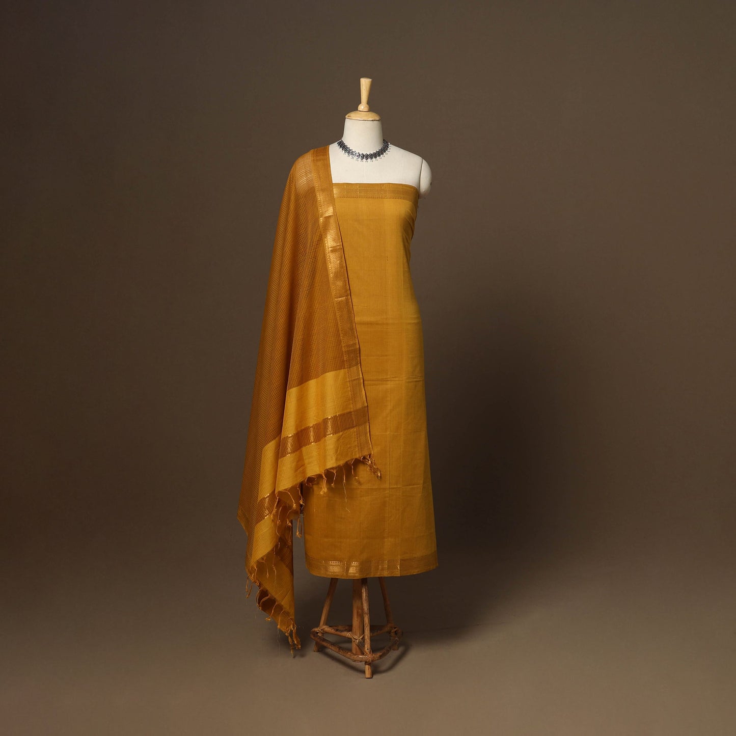 Yellow - 3pc handloom cotton unstitched mangalagiri dress