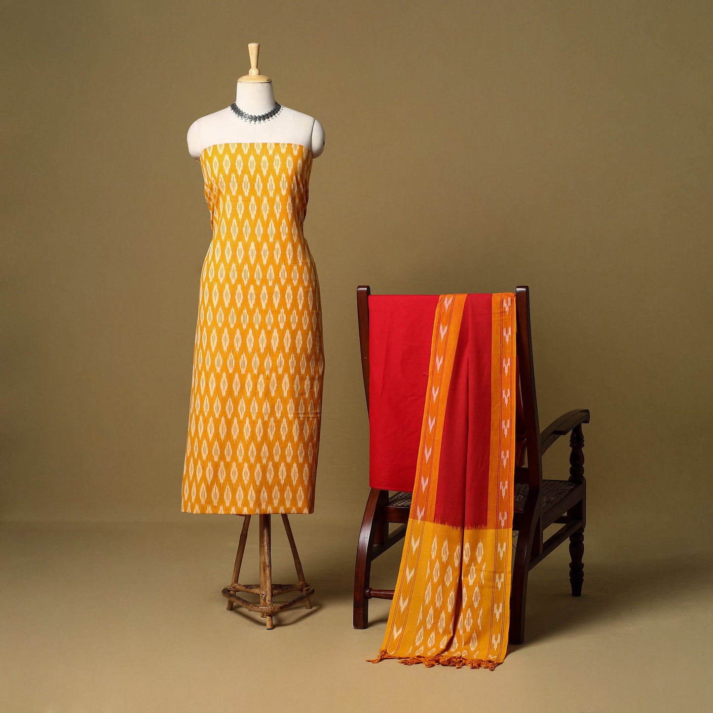 Yellow - 3pc handloom cotton unstitched pochampally ikat