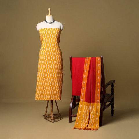 Yellow - 3pc handloom cotton unstitched pochampally ikat