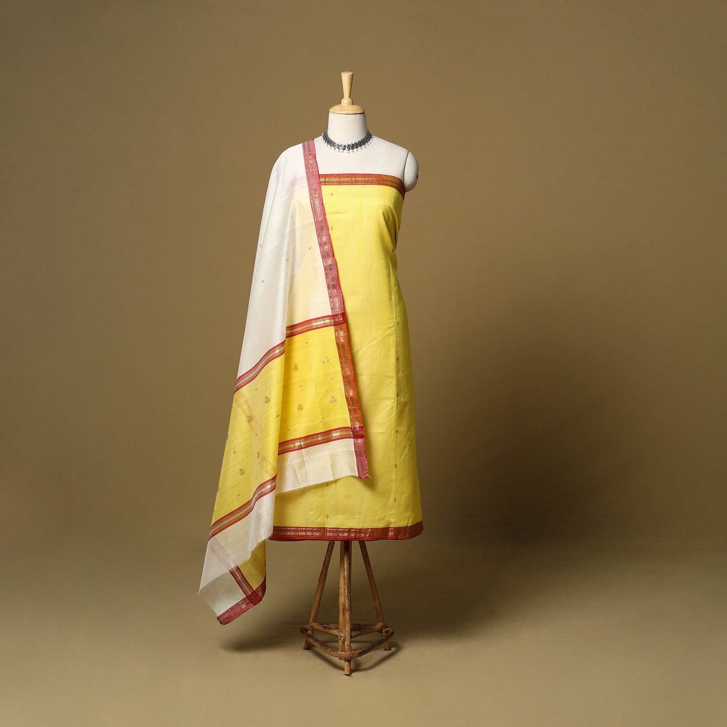 Yellow - 3pc handloom zari buti unstitched chanderi silk